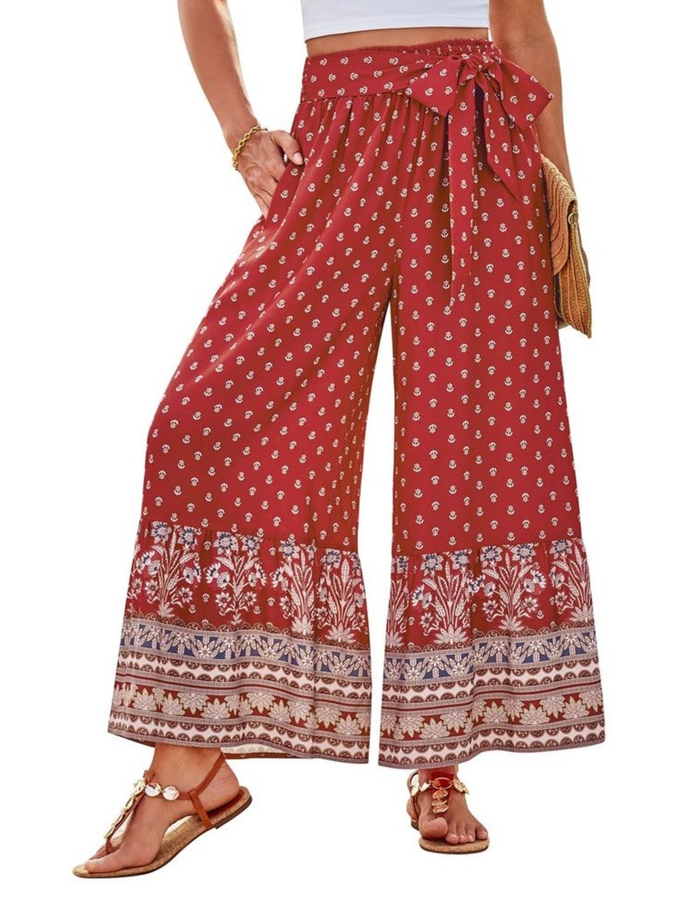 NWOT Grace Karin Red Boho Wide-Leg Tie-Waist Vacation Palazzo Pants - Size M